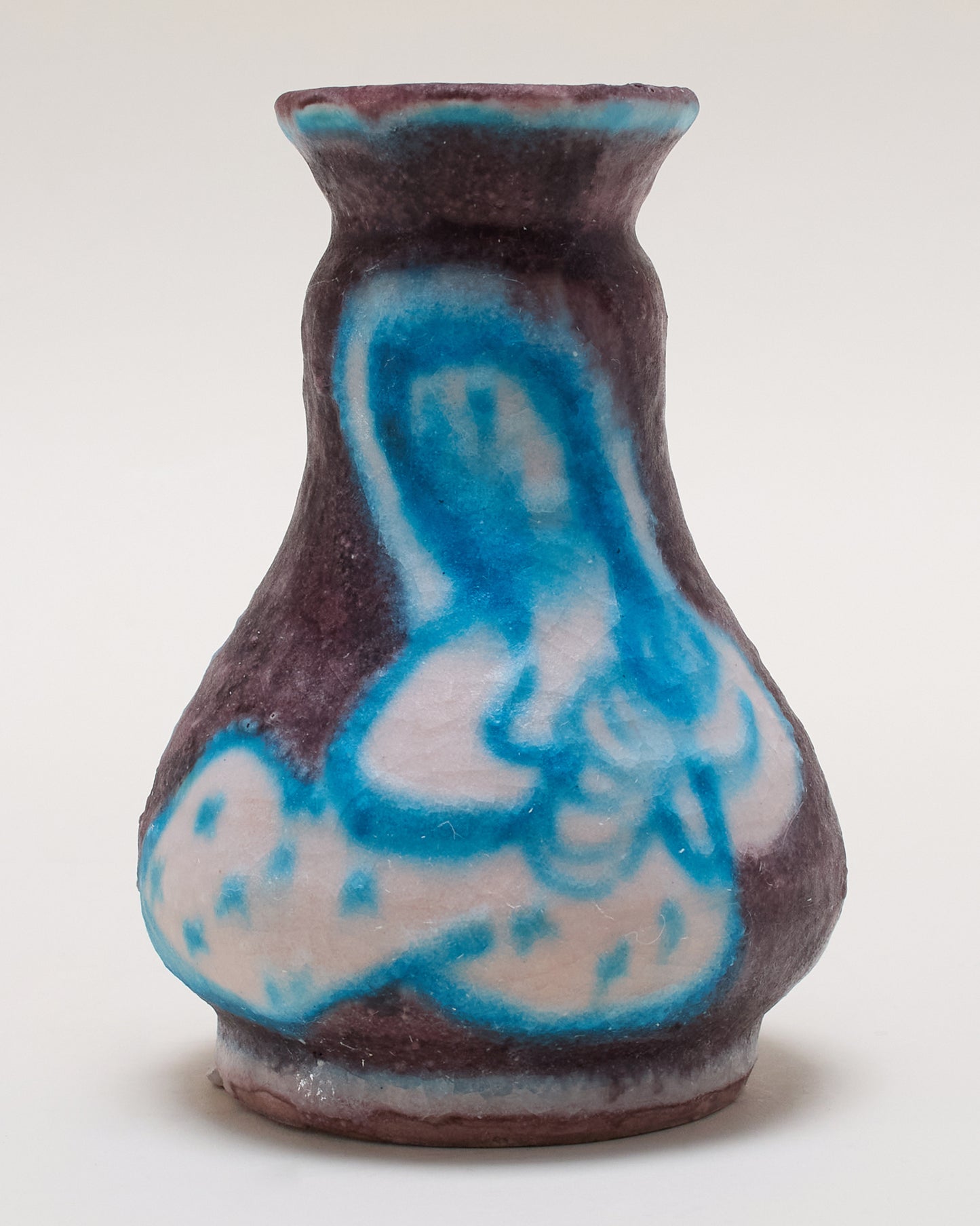 Close crop front view of Guido Gambone ceramic vase (c.1940s) — hand-painted blue figure.