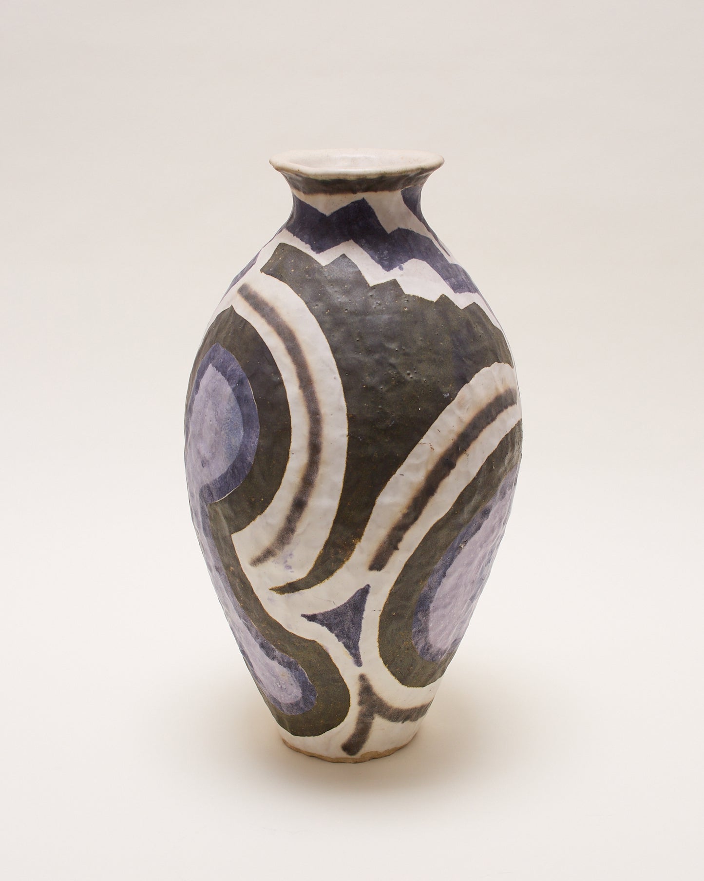 Opposite side view of large ceramic vase, c.1985, by Julian King-Salter, handcrafted using pinching and coiling techniques with expressive painterly decoration.