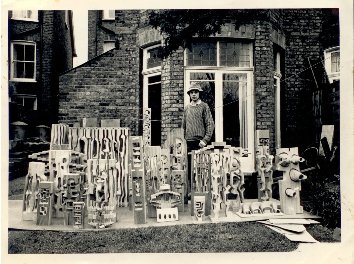 Brian Willsher wooden sculptures, artist pictured at home. Category — Art Object & Abstract Sculpture