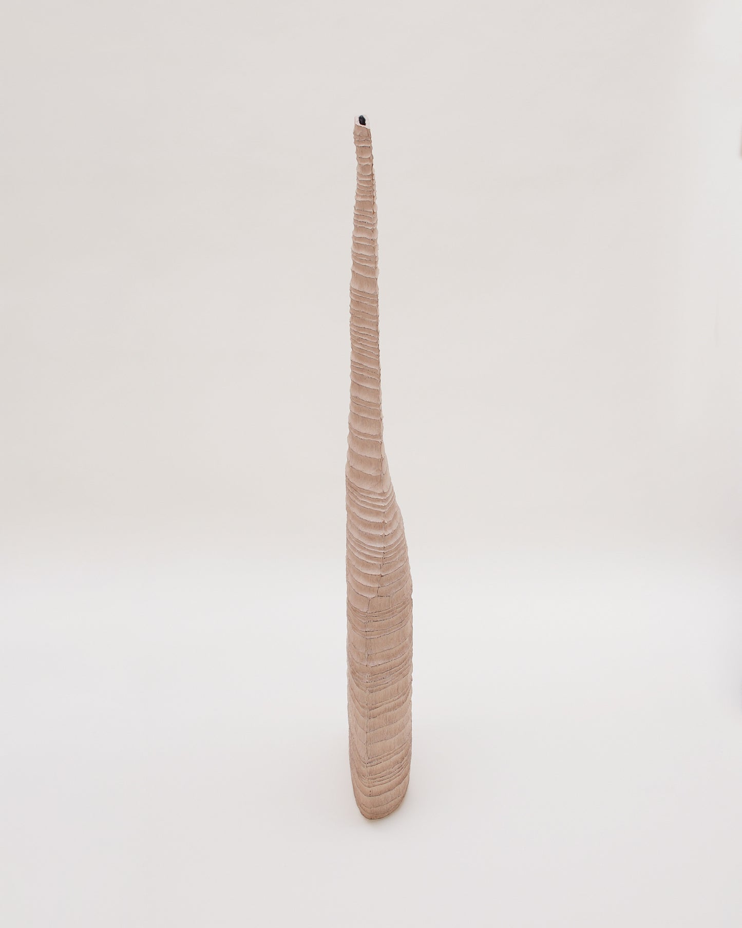 Side profile view of hand-carved oak sculpture by Malcolm Martin & Gaynor Dowling, featuring a vessel-like form with hand-tooled ridges and a limed, scorched finish.